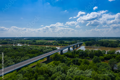 Bridge over Vistula river in Kamien, Poland. Aerial view of Vistula river, the longest river in Poland.