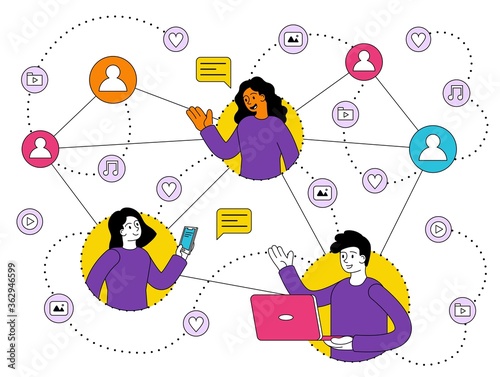 Concept of using gadgets and various network technologies for communication and entertainment. Flat vector illustration.