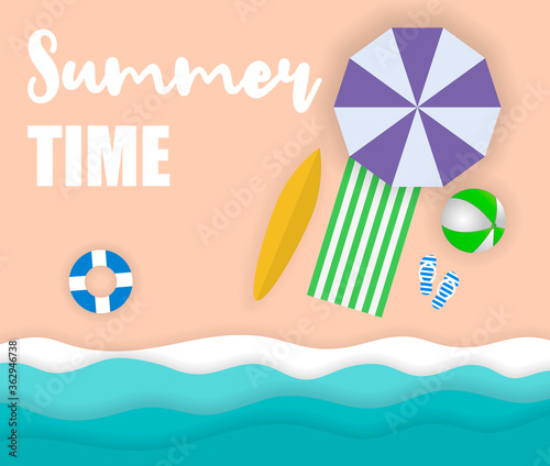 Summer time , sea with beach, paper art style