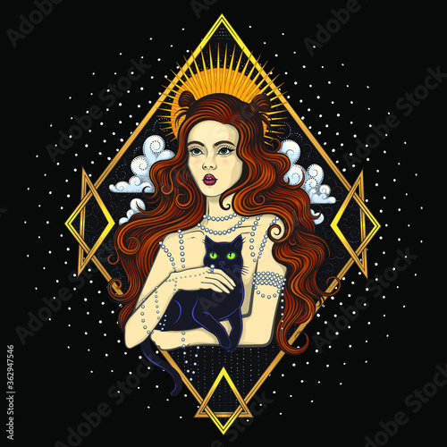 Vector Color Goddess Woman Cat Illustration