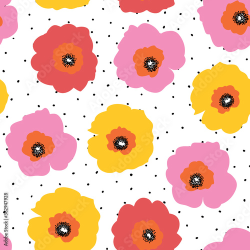 Large red pink and yellow flowers seamless vector pattern on a polka dot background. Repeating floral background Scandinavian style. Poppy flowers. Use for fabric, wallpaper, summer decor