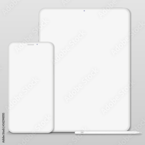 White vector clay render digital tablet mock up isolated on white background. Origami paper material template with realistic drop shadow.