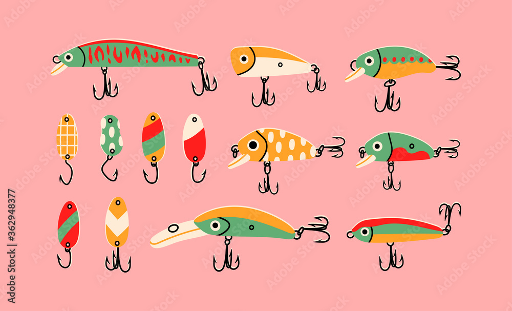 Big set of Various Fishing Lures. Different Spoons, Wobblers: crank, popper and minnow. Hand drawn colored Vector illustration. All elements are isolated on a pink background Big set of Various Fishing Lures. Different Spoons, Wobblers: crank, popper and minnow. Hand drawn colored Vector illustration. All elements are isolated on a pink background