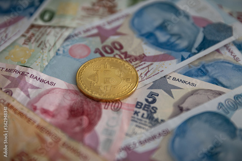 Fototapeta Naklejka Na Ścianę i Meble -  Various Turkish Lira Banknotes and Bitcoin