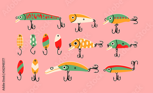 Big set of Various Fishing Lures. Different Spoons, Wobblers: crank, popper and minnow. Hand drawn colored Vector illustration. All elements are isolated on a pink background