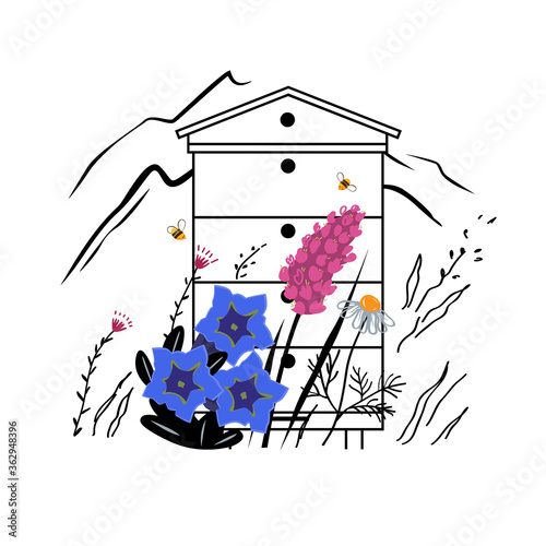 Mountain flowers vector sketch illustration. Alpine meadow honey concept with beehive in summer. Apiary concept. Beautiful flowers and busy bees .