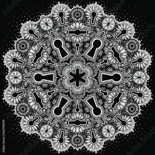 Vector Black and White Keyhole Mandala Seamless Pattern