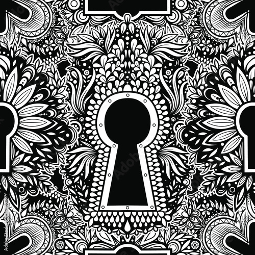 Vector Black and White Door Keyhole Seamless Pattern