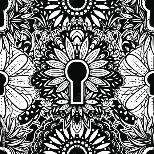 Vector Black and White Abstract Keyhole Seamless Pattern