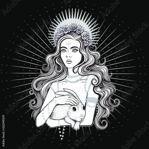 Vector Black and White Tattoo Goddess Woman Illustration
