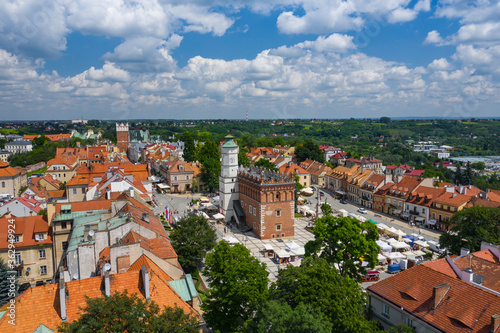 Sandomierz, Poland. Aerial view of medieval old town with town hall tower, gothic cathedral.
