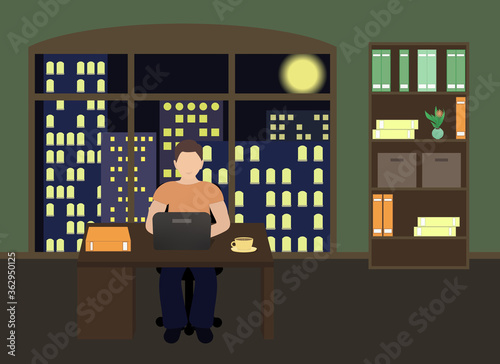Man sitting at a laptop and working overtime late night. Freelance work. Study at night. Flat vector illustration.