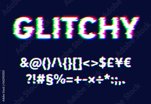 Realistic glitch font set, vector illustration