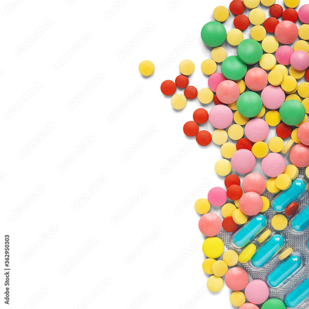 pile of medical pills on white background with place for text. Pattern for design. pile of medical pills on white background with place for text. Pattern for design.