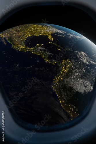 Earth view from spaceship window. 3D render