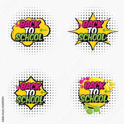 set of vector illustration. Text back to school. In the style of comics speech bubble. Design element for the design of leaflets, cards, envelopes, covers, flyers sales.