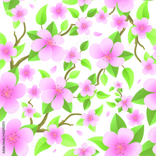 Vector Pink Sakura Flowers Seamless Pattern