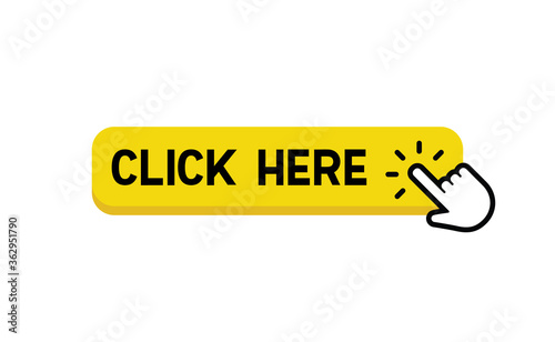 Click here web button. Isolated website buy or register bar icon with hand finger clicking cursor, design template.