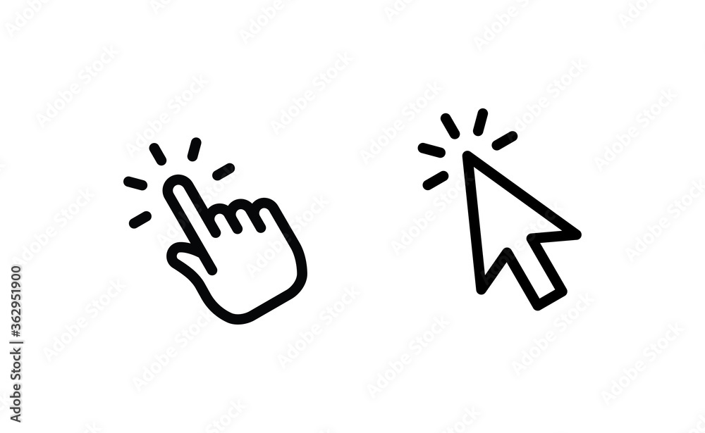 Hand and arrow clicking pointers. Click icons. Hand and arrow clicking pointers. Click icons.