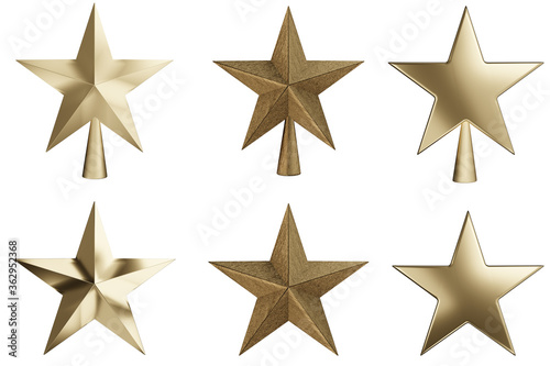 Glossy golden stars set isolated on white background, Christmas star icon. 3D