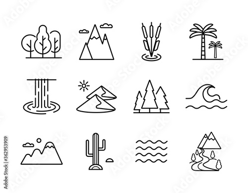 Fototapeta Naklejka Na Ścianę i Meble -  Nature vector icons set. Landscape sign
