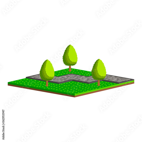 Design of a park zone.Walking path from paving slabs with trees and grass.Vector isometric and 3D view.	