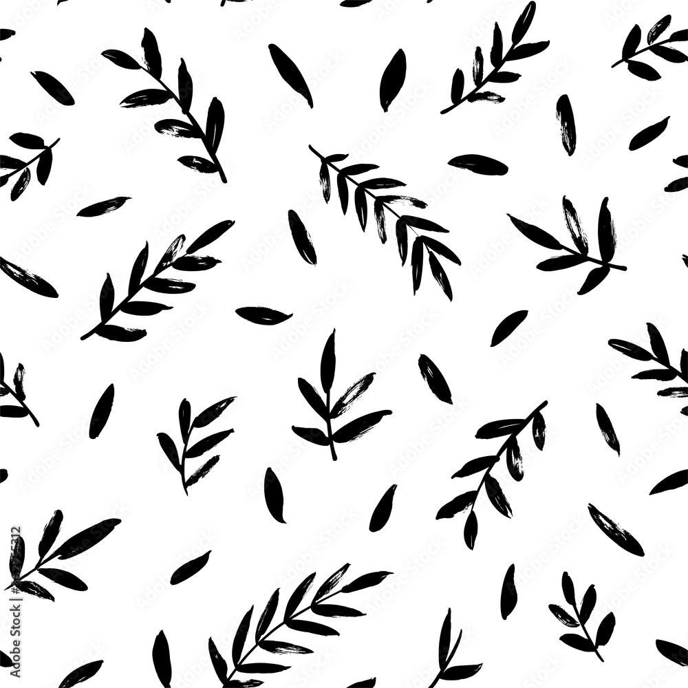 Leaves and branches vector seamless pattern. Black brush leaves and twigs. Olive branch modern ornament. Black ink texture with foliage. Hand drawn eucalyptus, laurel twig. Abstract plant motif - obrazy, fototapety, plakaty 