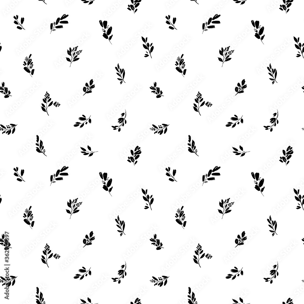 Leaves and branches vector seamless pattern. Black brush leaves, twigs and small flowers. Black branch modern ornament, ink texture with foliage. Hand drawn eucalyptus twig. Abstract plant motif