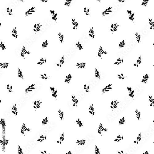 Leaves and branches vector seamless pattern. Black brush leaves, twigs and small flowers. Black branch modern ornament, ink texture with foliage. Hand drawn eucalyptus twig. Abstract plant motif