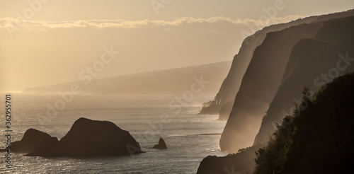 View from the Pololu Valley Lookout on the North Shore Big Island Hawaii.  The headlands fall almost vertically into the ocean. photo