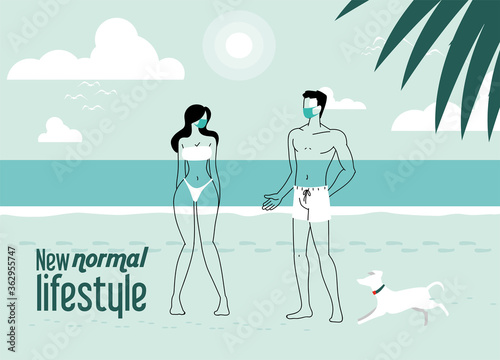 Young couple keeps distance on the beach