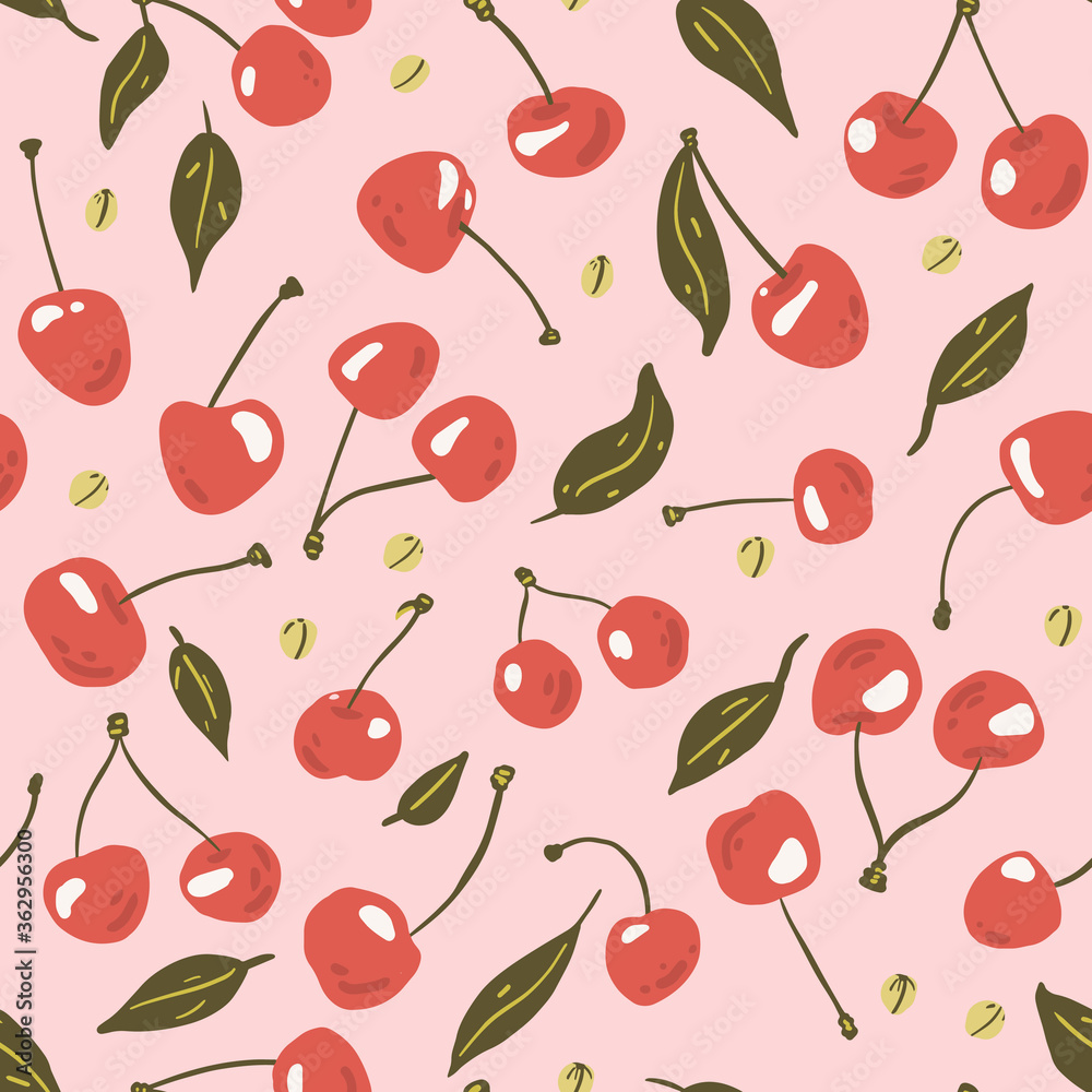 Cherry fruit seamless vector pattern in flat style. Texture for - fabric, wrapping, textile, wallpaper, apparel. Cherry fruit seamless vector pattern in flat style. Texture for - fabric, wrapping, textile, wallpaper, apparel.