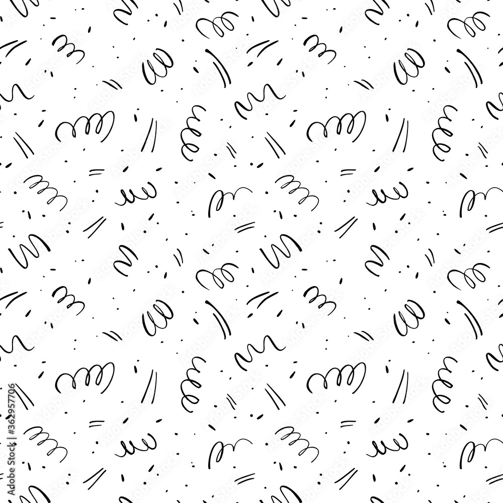 Fototapeta premium Wavy and swirled brush strokes vector seamless pattern. Black paint freehand scribbles, abstract ink background. Doodle, dots, lines, squiggle pattern. Abstract wallpaper design, textile print