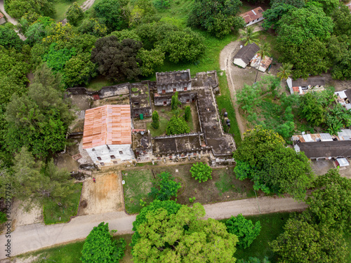 Aerial Shot of Old Deutsch German Colonial Fort in Bagamoyo Historical city part near the Dar Es Salaam on the Indian Ocean Coast