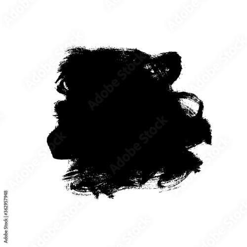 Vector black paint, ink brush stroke, messy shape. Dirty grunge design element, background for text. Grungy black smear and rough stain. Hand drawn ink illustration isolated on white.