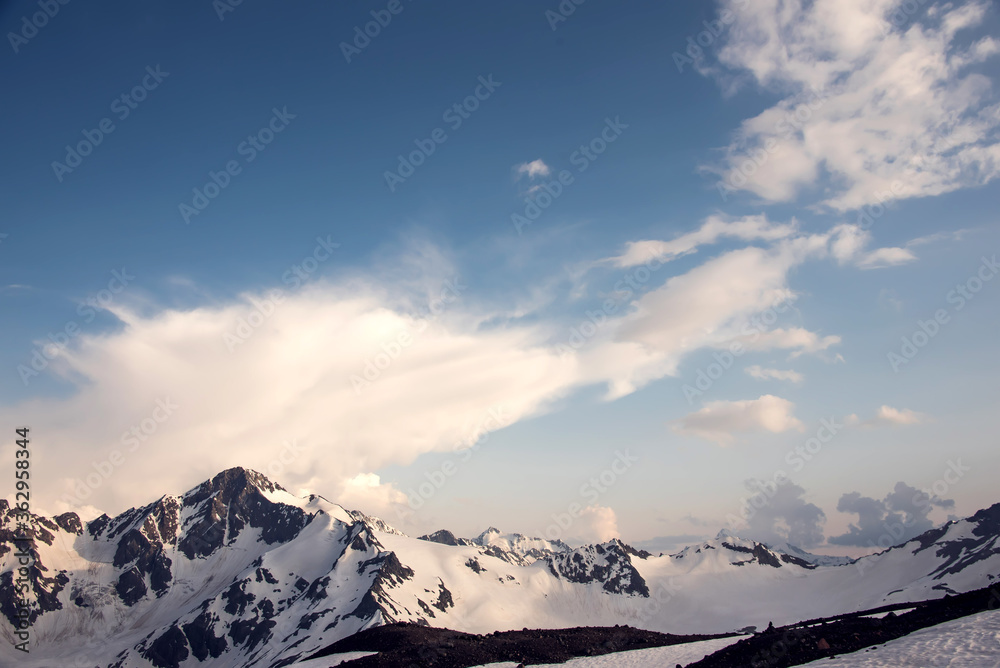 Panoramic view of glacier mountains of Elbrus region, Russia
