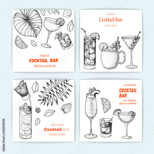 Cocktails hand drawn vector illustration. Alcoholic cocktails sketch set. Vertical banner collection. Design template for bar.