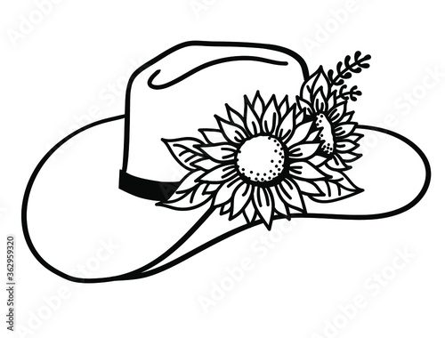 Cowboy hat with flowers. Vector Western hat with sunflowers isolated on white. Cut file Hand drawn illustration