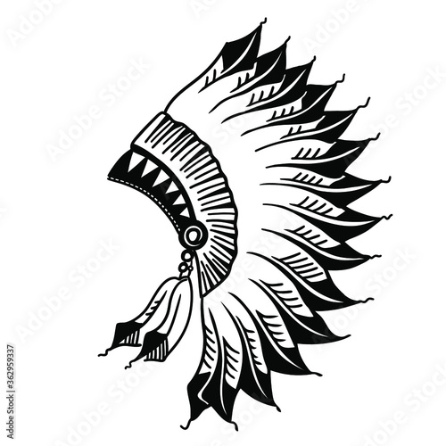 Native american indian headdress graphic illustration isolated on white. Hand drawn vector