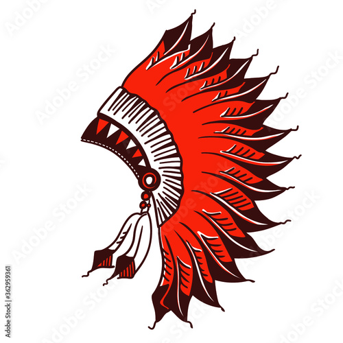Native american indian headdress graphic illustration isolated on white. Hand drawn vector