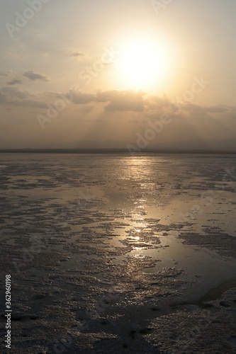 Danakil depression is located in northern Afar  near the borders of Ethiopia with Eritrea. Extensive salt lakes at sunset.Etiopia.Africa