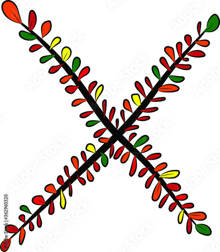 Obraz na płótnie Colorful autumn Latin alphabet. The letter X is drawn by hand with a brush. Black branches and red, green, orange, yellow leaves. Foliage of a Bush. Vector image. Calligraphy and lettering. Eco,nature w salonie