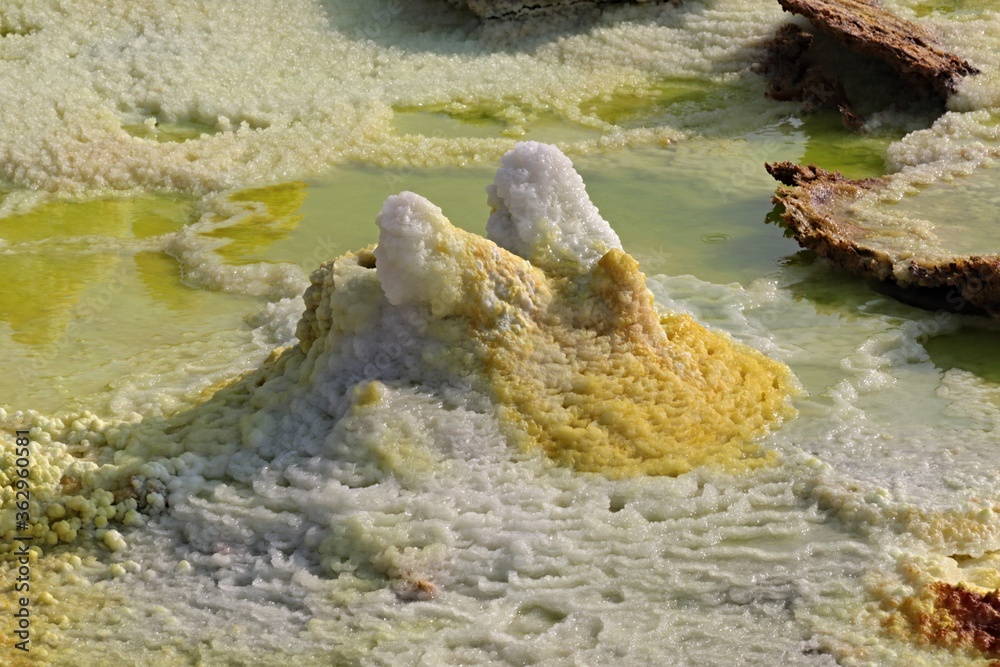 Salt ponds, bubbling chimneys and salt terraces form the bottom of the volcanic crater Dallol, Ethiopia: The Hottest Place on Earth,Danakil Depression.North Ethiopia,Africa