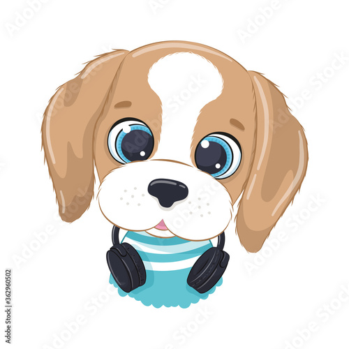 Cute cartoon dog boy with headphones listen to music