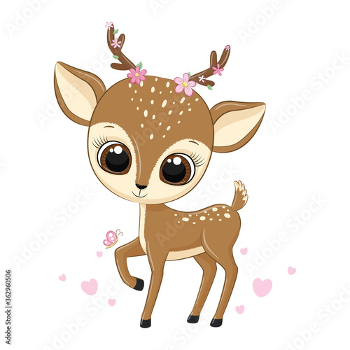 Fototapeta Naklejka Na Ścianę i Meble -  Animal illustration cute little deer with flowers.