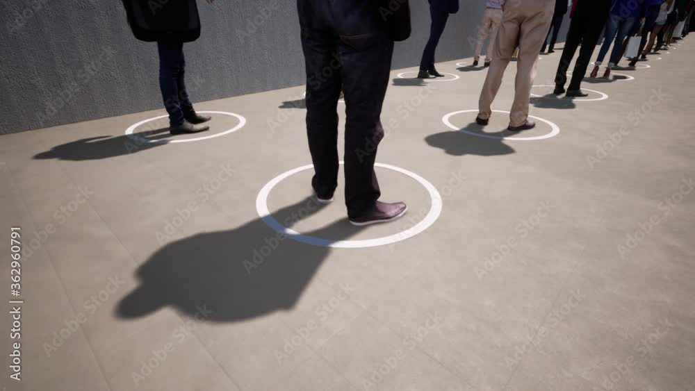 Concept or conceptual 3d render of people standing in line, social distancing as means of prevention or protection against coronavirus contamination. A change in lifestyle metaphor on lockdown