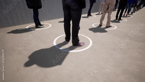 Concept or conceptual 3d render of people standing in line, social distancing as means of prevention or protection against coronavirus contamination. A change in lifestyle metaphor on lockdown