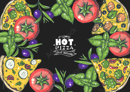 Italian pizza and ingredients top view frame. Colored illustration. Italian food menu design template. Vintage hand drawn vector illustration. Pizza label for menu.