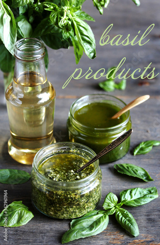 products from basil-pesto sauce, basil vinigrette and basil syrup. inscription in English "basil products"