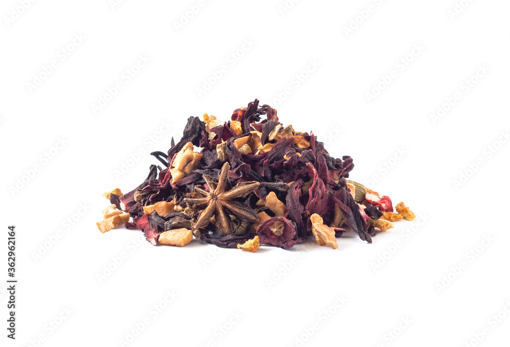 Heap of fruit and herbal tea with hibiscus dried leaves, citron peels, ginger, etc. isolated on white